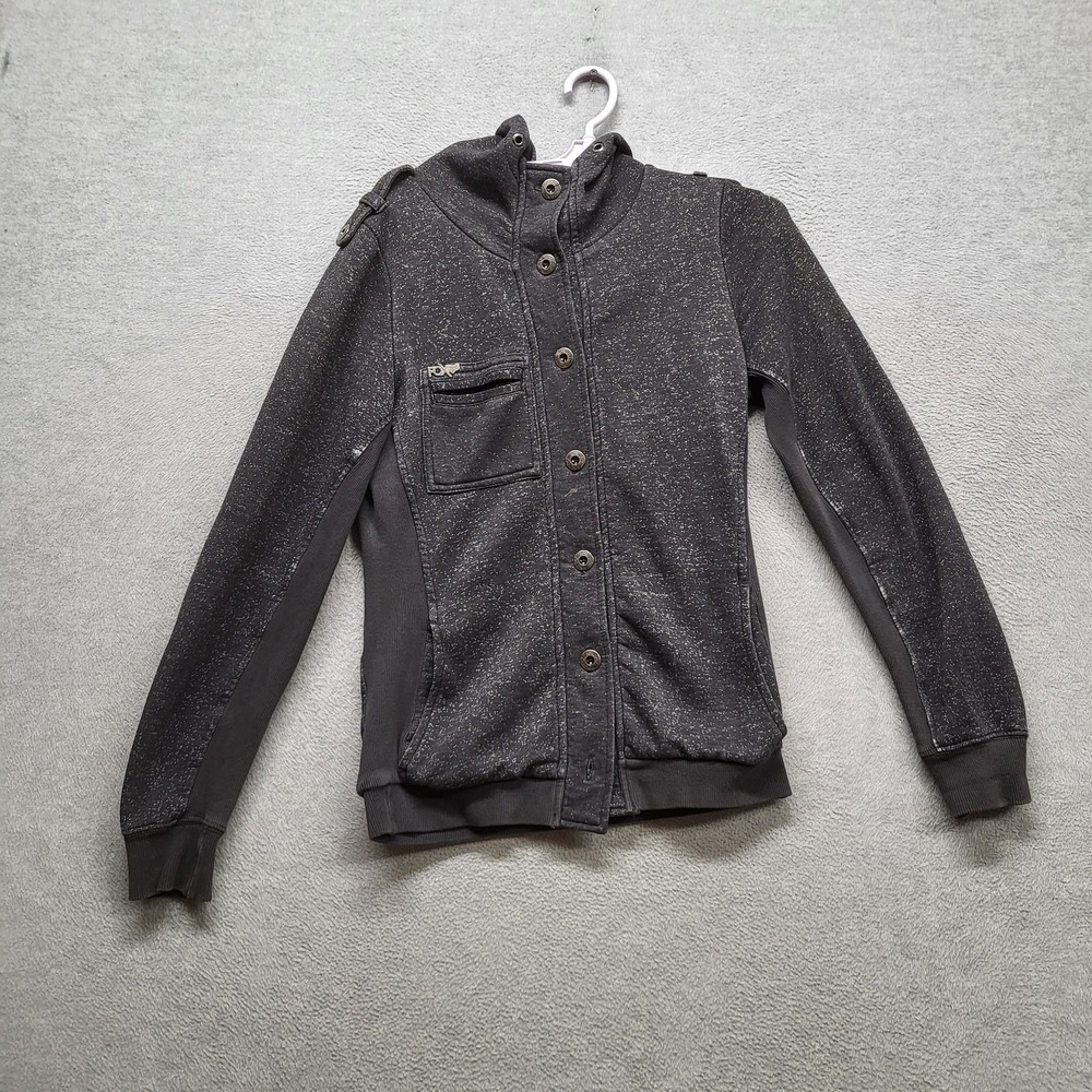 Fox Women Sweatshirt L Black Speckled Logo Button Long Sleeve Y2K READ